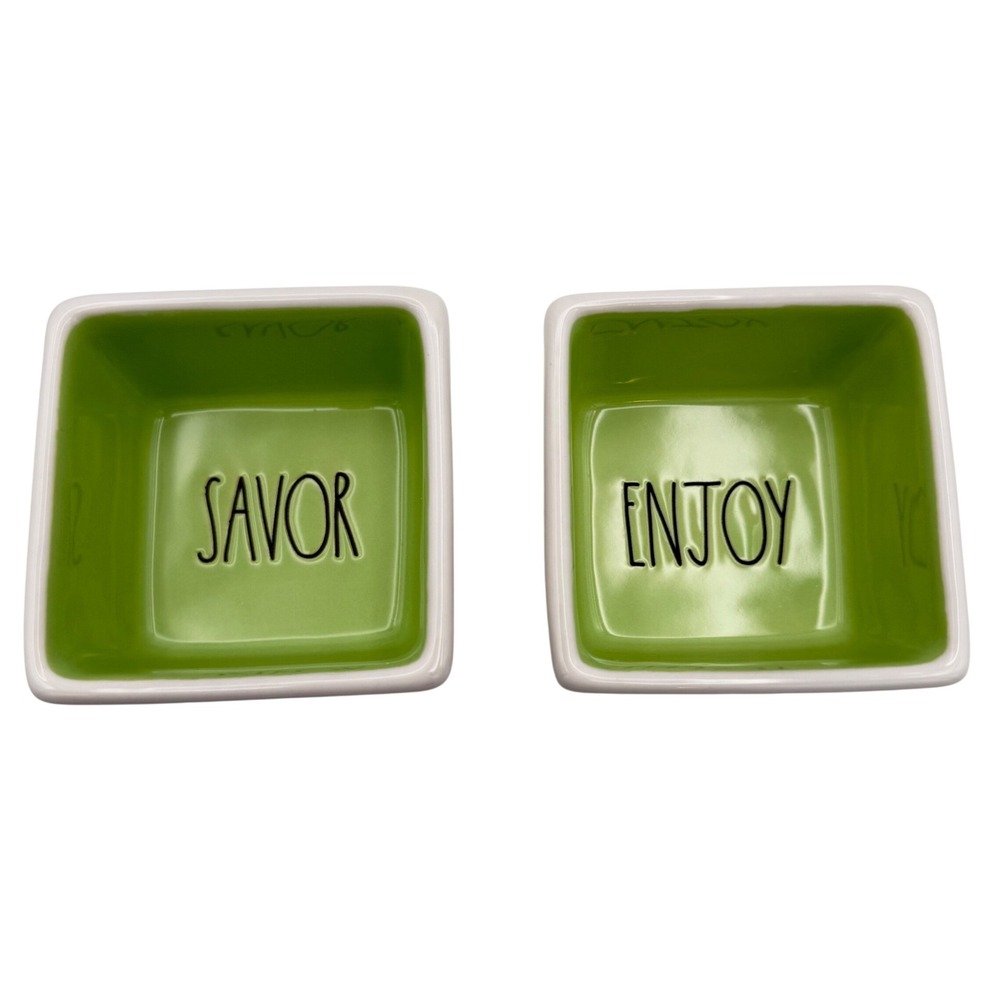 Rae Dunn Savor‎ and Enjoy Square Bowl Set Green White Ceramic 2pc